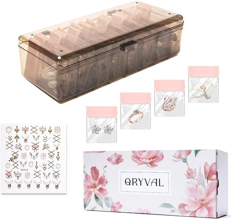 Qryval Jewelry Organizer and Storage Box with 24 EVA Anti Tarnish Bags, Travel Acrylic Case for Earrings, Necklaces & Rings, Elegant Gift for Women & Girls (S&Organizer(Brown)) - Image 1